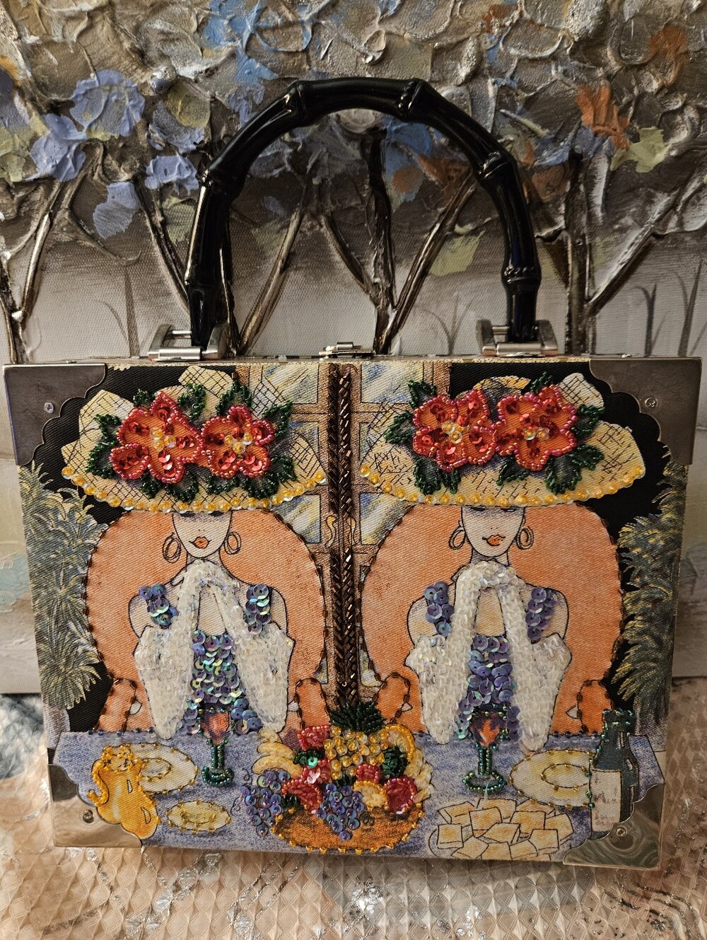 Embellished Floral & Portrait Box Tote in Black. Cigarbox Purse
